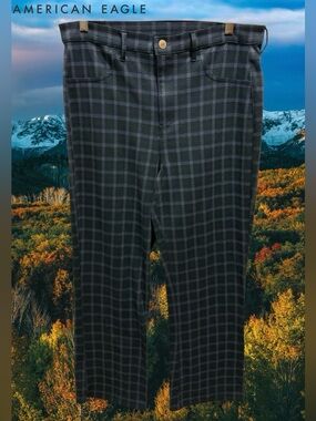 AEO 2021 Dark Blue & Green Plaid Super High-Rise Flare Pants Size 12 Long